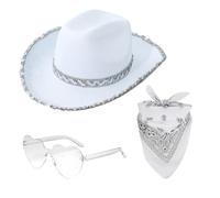 Puwaiio White Cowgirl Hat Adult Glim-mer Cowgirl Hat Western Cowboy Hat With Heart Shaped Sunglasses And Bandana Festival Cowboy Costume Accessories Fancy Dress Accessory