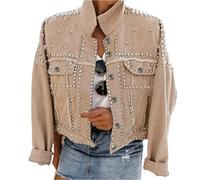 PUWEI Dressy Rivet Studded White Cropped Jean Jacket Women Western Distressed Washed Denim Coat, Khaki, L