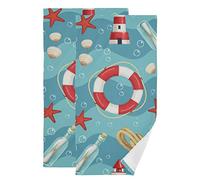 PUXUQU Hand Towel Pack of 2, Nautical Lighthouse Lifebuoy Marine Knot Starfish Shell Face Towel for Bathroom Kitchen Hotel Beach Travel