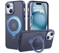 PuyaTeya Magnetic Stand for iPhone 15 Case, Compatible with Mag-Safe, Military Drop Protection, Anti-scratch/fingerprint Translucent Matte iPhone 15 Phone Case(Dark Blue)
