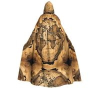 PUYhgb Ancient Map World Globe Print Adult Halloween Hooded Cloak, Hood & Bow Tie, For Cosplay/Trick-Or-Treat