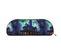 PUYhgb Black Haunted Mansion Print Semicircle Pouch, Zipper Storage Bag, Portable Pencil Cosmetic Organizer for Work