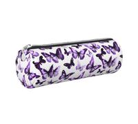 PUYhgb White Purple Butterflies Print Cylindrical Pen Pouch,Smooth Zipper Stationery Bag,Portable Storage Case
