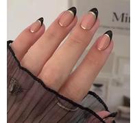 Puyokinm Black French Lace False Nails Short Almond Design False Nails with Gold Line Glue Shiny False Nails Style-35 1oz Liquid (Pack of 1)