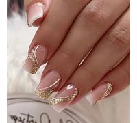 Puyokinm Press on the False Square Medium Nails with Gold Glitter Curved Heart Design Glue on Nails Pink Gradient Full Cover Acrylic