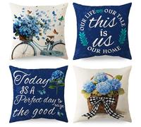 PUYTG Blue Hydrangea Bicycle Throw Pillow Covers 18x18 Set of 4 Pillow Flowers Covers Natural Cushion Cases Decorative Pillowcases for Sofa Couch Living Room Outdoor Home Decor