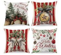 PUYTG Christmas Pillow Covers 45x45cm, Set of 4 Vintage Style with Xmas Trees, Baubles and Winter Motifs, Cushion Covers for Sofa Couch Rustic Farmhouse Decor