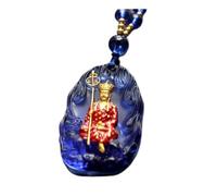 PUYUNA Buddha Statue Glass Necklace, Ksitigarbha Bodhisattva Sitting Pendant, Talisman Accessory(Blue)