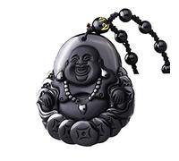 PUYUNA Buddha Statue Talisman, God Of Fortune Amulet, Chinese Handwork Natural Obsidian Carved Sculpture Lucky Pendant Necklace