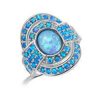 PUYUNA Rings Women,Vintage Blue Fire Opal Rings With Stone Silver Plated Luxury Large Bohemia Boho Summer Cocktail Party, 10