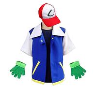 PUYYDS Men Anime Blue Jacket Boys Girls Ash Ketchum Cosplay Costume for Halloween Women Trainer Hat and Gloves Adjustable Baseball Cap