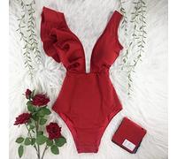 PUYYDS New Sexy Ruffle Print Floral One Piece Swimsuit Off The Shoulder Swimwear Women Solid Deep-V Beachwear Bathing Suit