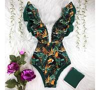 PUYYDS New Sexy Ruffle Print Floral One Piece Swimsuit Off The Shoulder Swimwear Women Solid Deep-V Beachwear Bathing Suit