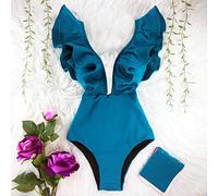 PUYYDS New Sexy Ruffle Print Floral One Piece Swimsuit Off The Shoulder Swimwear Women Solid Deep-V Beachwear Bathing Suit
