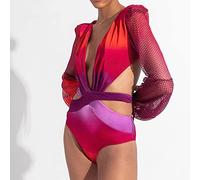 PUYYDS Swimsuit Women Gradient Print Sexy One Piece Swimsuit Long Sleeve Mesh Sleeve Bikini Two Piece Swimsuit