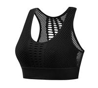 PUYYDS Women's Medium Mesh Support Cross Back Wirefree Removable Cups Sport Bra Tops Seamless Yoga Running Sports Bras Black