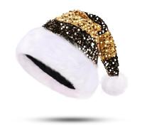 PUZAUKAL Christmas Hat for Adult Santa Hat Sequin Luxury Santa Claus Hat Warm Xmas Elf Hat Extra Soft for Christmas New Year Festive Holiday Party Black-Gold