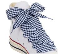 Puzeam 2 Pairs Fancy Ribbon Shoe Laces for Trainers 25mm Wide Flat Checkered Shoelaces for Boots Gingham Lace shoelaces for Women (S-Navy Blue and White, 55 Inches)