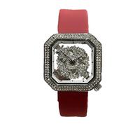 PUZYI Accessories Square Hollow Watch Waterproof Diamond Watch with Silicone Strap is A Light Luxury Gift Suitable for Girlfriend and Wive Gifts(Rot)