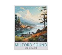 Puzzel Für Erwachsene Jigsaw Puzzle 1000，Milford Sound New Zealand Vintage-Reiseposter，DIY Papier puzzle Einzigartiges Geschenk Wohnkultur Stil（50x70cm）-BB26