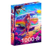 ENJOY Puzzle Hippie Woman on the Beach with Peace Van Illustration - 1000 Pieces Jigsaw Puzzle for Adults - Matte Finish, Soft Touch, Easy to Assemble, Tight Fit, Vivid Colors, Missing Pieces Service