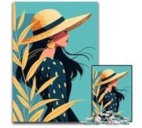 Puzzle 1000 Pieces Jigsaw Autumn Straw Hat Woman in Dress Minimalist Art Illustration Boho Difficult Puzzles for Adults Challenging DIY Brain Teaser Perfect Family Game Or Decorative Gift