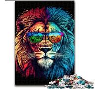 Puzzle 1000 Pieces Jigsaw Colourful Lion with Glasses Made of Wood, Skill Level Beginner, Great for Birthday 50x75cm Adult & Family Activity, DIY Home Decor Gift