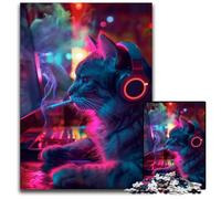 Puzzle 1000 Pieces Jigsaw Cool Cat Gamer SmokingWooden Jigsaw Challenging Brain Teaser for Teenagers Family Game Night Fun 1000 PCS(75x50cm)