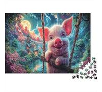 Puzzle 1000 Pieces Jigsaw - Cute Piglet on Swing at Night, Wildlife Impossible Challenge for Adults, Educational Game & Home Decoration, 38x26cm/1000pcs