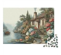 Puzzle 1000 Pieces Jigsaw Gift Set - Misty River House with Flowers Home Decoration Scenery Challenging Great Gift Adults 70x50cm/1000pcs