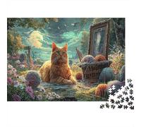 Puzzle 1000 Pieces Jigsaw - Ginger Cat with Yarn Balls Under Starry Sky in Meadow, Pet Impossible Challenge for Adults, Educational Game & Home Decoration, 38x26cm/1000pcs