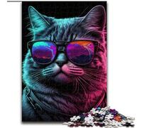 Puzzle 1000 Pieces Jigsaw Neon Nights Cat Made of Wood, Fun Activity for at Home 50x75cm for Birthday Holiday Christmas