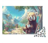 Puzzle 1000 Pieces Jigsaw - Red Panda Enjoying Coffee Outdoors Challenging Wildlife Home Decoration Educational Games 38x26cm/1000pcs