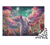 Puzzle 1000 Pieces Jigsaw - Wolf Gazing at Moon in Sunflower Field Challenging Wildlife Home Decoration Educational Games 70x50cm/1000pcs