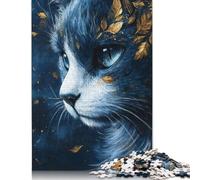 Puzzle 1000 Pieces Jigsaws Blue Cat with Golden Leaves Creative Square Jigsaw Puzzles for Teenager Wooden Puzzles Jigsaw Puzzles for Adults Gifts 1000pcs (75x50cm)