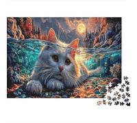 Puzzle 1000 Pieces White Cat Under Starry Sky in Water by Castle Jigsaw Adults Home Decoration Pet Educational Games 52x38cm/1000pcs