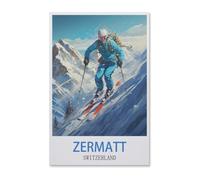 Puzzle 1000 Teile Landschaft Erwachsene Puzzle Holz puzzle 3D Klassisches Puzzle,Zermatt Vintage Reiseplakat Schweiz Ski Design,DIY Moderne Kunst Hauptdekor(75x50cm)-E2