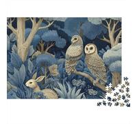 Puzzle 1000pcs (75x50cm) Erwachsene Abundant Trees, Deep Blue Leaves, Owls, Rabbits Puzzle Damen Herren Holzbrett Präzisions-Interlocking