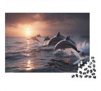 Puzzle 1000pcs (75x50cm) Erwachsene Dolphins Jump Out of The Sea Puzzle Damen Herren Holzbrett Präzisions-Interlocking Colorful Sunset
