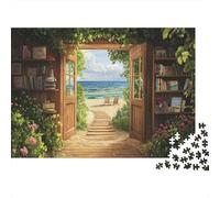 Puzzle 1000pcs (75x50cm) Erwachsene Open Wooden Doors Lead to The Beach Puzzle Damen Herren Holzbrett Präzisions-Interlocking Wooden House Bookshelf Plants