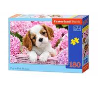 Puzzle 180 elementów. Piesek wśród różowych kwiatów - Castorland