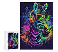 Puzzle 300 PCS Neon Zebra Headphones Sunglasses Art Print Puzzles Für Erwachsene Puzzle Geburtstagsgeschenk Schwierig Und Herausfordernd Anspruchsvolles Spiel Geschenke 300 PCS
