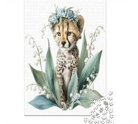 Puzzle 38x26cm/1000pcs Erwachsene Cute Cheetah Puzzle Damen Herren Holzbrett Präzisions-Interlocking Tulip And Lily of The Valley Flower Crown