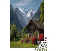 Puzzle 38x26cm/1000pcs Erwachsene Swiss Alps Hut, Green Meadow Puzzle Damen Herren Holzbrett Präzisions-Interlocking