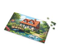Puzzle 500 Pieces A Quaint Cottage With A Wooden Bridge Over A Serene Pond, Surrounded By Lush Greenery Picture Puzzle 4 Year Old Girl Birthday Gifts Jigsaw Puzzles 500(500PCS)