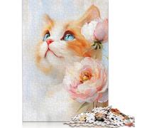 Puzzle 500 Pieces Jigsaws Cute Orange Tabby Cat with Peonies Creative Square Jigsaw Puzzles for Teenager Wooden Puzzles Jigsaw Puzzles for Adults Gifts 500pcs (52x38cm)