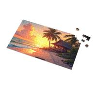 Puzzle 500 Pieces Sunset At The Beach With Palm Tree And Cottage Picture Puzzle 3 Year Old Girl Gifts Puzzles For Toddlers 2-4(500PCS)