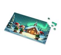 Puzzle 500 Pieces Three Elves In Santa Hats Gather Around A Cozy Cabin On A Snowy Night Picture Puzzle 4 Year Old Girl Birthday Gifts Jigsaw Puzzles 500(300PCS)