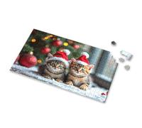 Puzzle 500 Pieces Two Kittens Wearing Santa Hats Sit On A Snowy Surface Picture Puzzle Easter Toys For Kids Ages 4-8 300 Piece Puzzles(1000PCS)