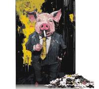 Puzzle Adult 500 Piece Pig in Suit Smoking Cigarette Art Jigsaw Puzzle Game Wooden Jigsaw Puzzle Teenagers And Fun Puzzles Games 500pcs (52x38cm)